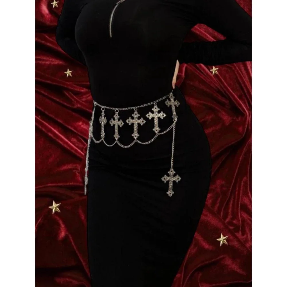 Medieval Gothic Cross Chain Layered Adjustable Waist Belt 90s Style Festival